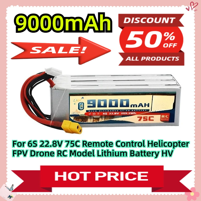 

For 6S 22.8V 9000mAh 75C Remote Control Helicopter FPV Drone RC Model Lithium Battery HV