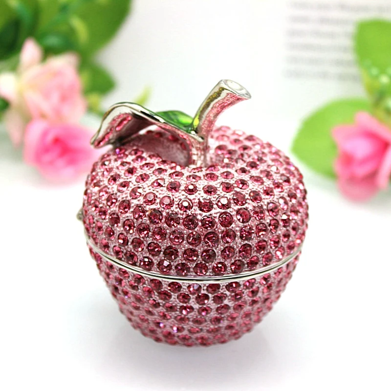 SHINNYGIFTS Full Rhinestones Fruit-Apple Trinket Box, Storage Box for Jewelry, Home Decoration