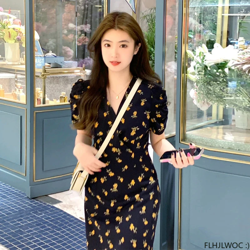 Chic Korean Clothes Design Summer Women Draped Short Sleeve V Neck Japan Girls Cute Floral Printed Retro Vintage Date Long Dress