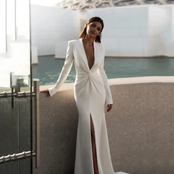 Eightree White Mermaid Wedding Dresses Deep V-Neck Long Sleeve Split Wedding Gowns Boho Bridal Ball Prom Dress bestidos de novia