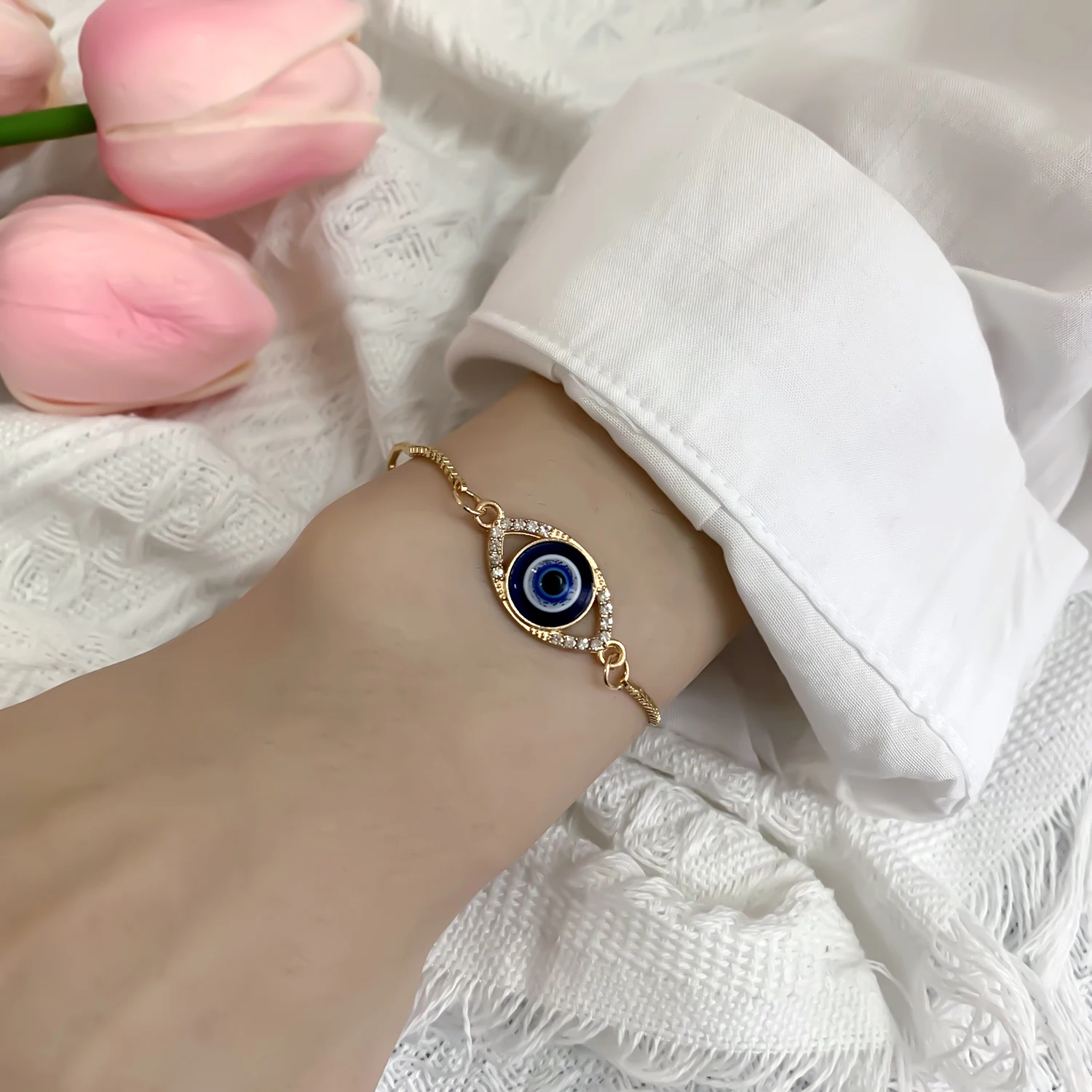 New Lucky Evil Eye Blue Eye Bracelet For Men Women Korean Fashion Adjustable Gold Color Metal Chain Charm Bracelet Jewelry Gift