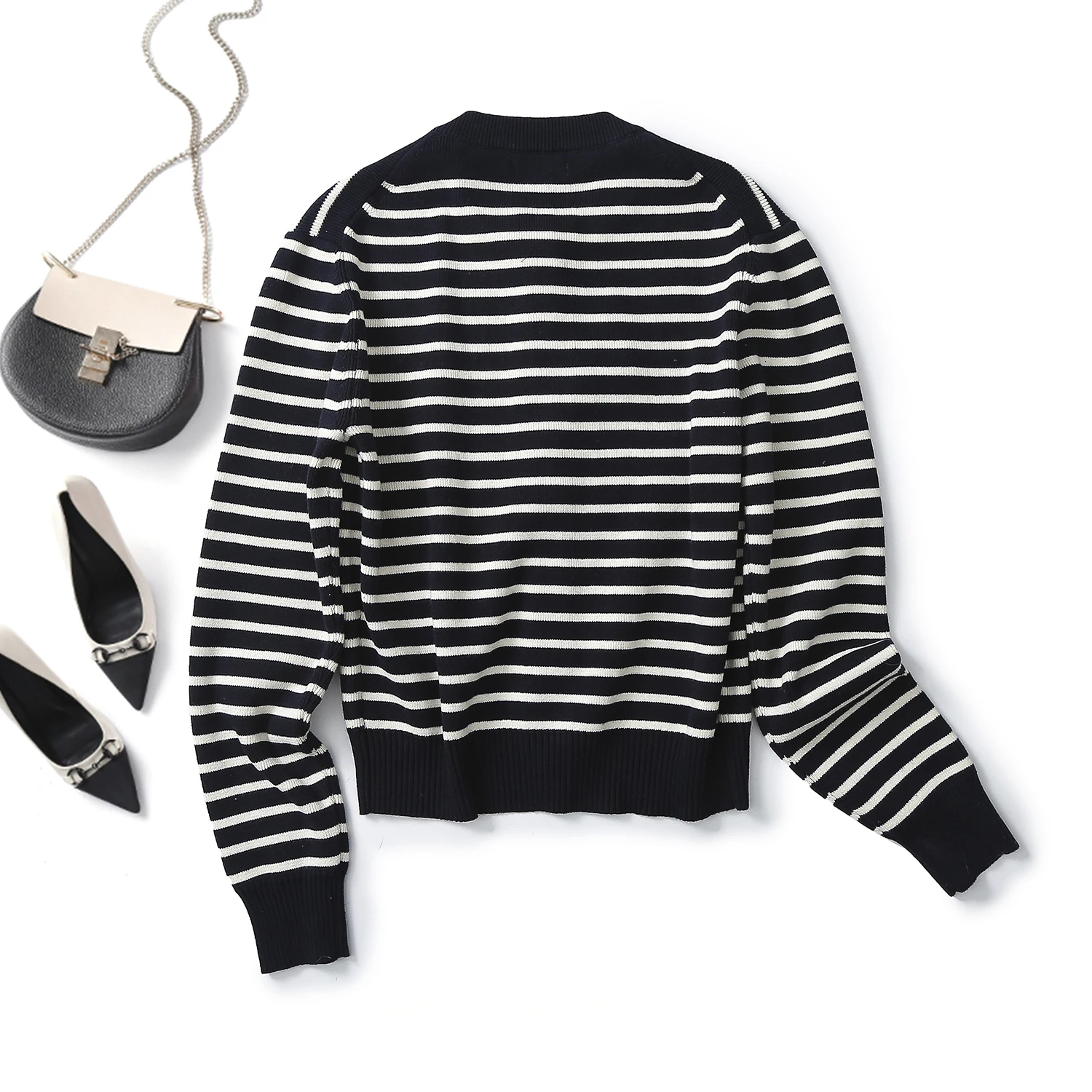 Ethereal MD 2024 new style of Casual commuter style slim cut crew neck sweater cardigan with striped style