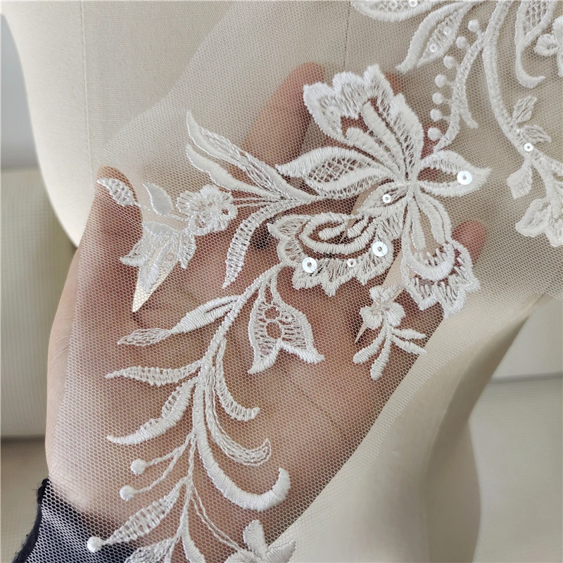 Flower Embroidery Sticker for DIY Decoration, Lace Cloth Applique, Off White, Skirt, Hem, Handmade, 15x37cm, 1 Pairs