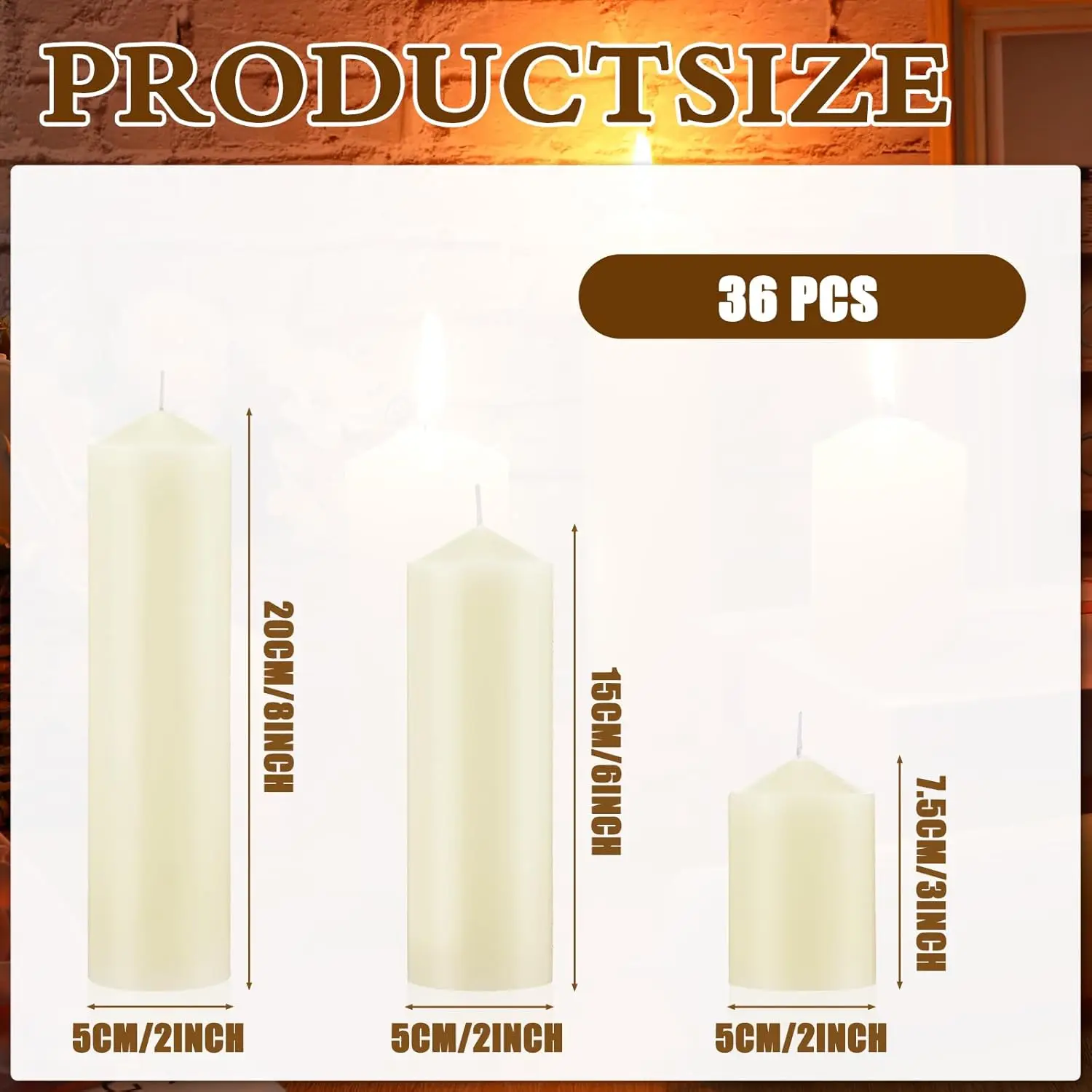 

36 Pcs Pillar Candles Bulk Set of 3 Long Burning Wax Pillar Candles 2 in x 3, 6, 8 Inch Dripless Unscented Smokeless for Wedding
