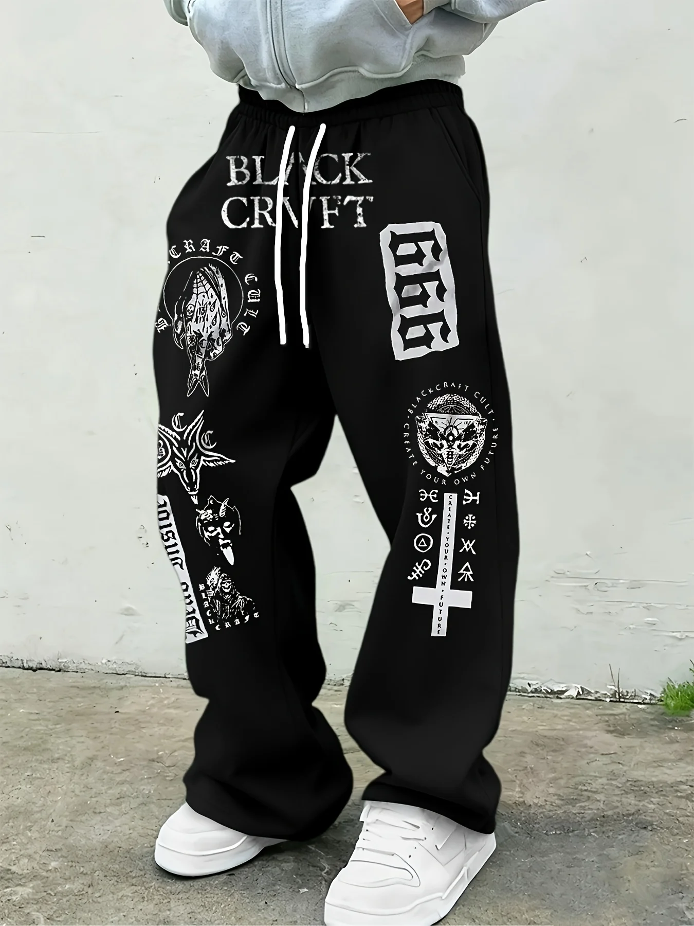 Men Oversized Y2K Trousers Grey Retro Dark Tribal Symbol Graphic Elastic Waist Wide Leg Hip Hop Sweatpants Kids