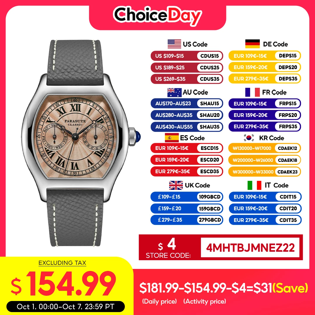 FARASUTE 36mm Luxury Retro Men Quartz Watch VH64 Movement Stainless Steel Sports Fashion Sapphire Glass Waterproof Watch Relogio