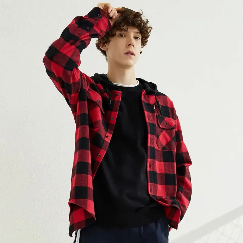 Spring and autumn new fashion hooded double pocket daily casual plaid flannel men\'s long-sleeved shirt wool coat American code