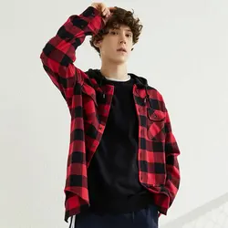 Spring and autumn new fashion hooded double pocket daily casual plaid flannel men's long-sleeved shirt wool coat American code