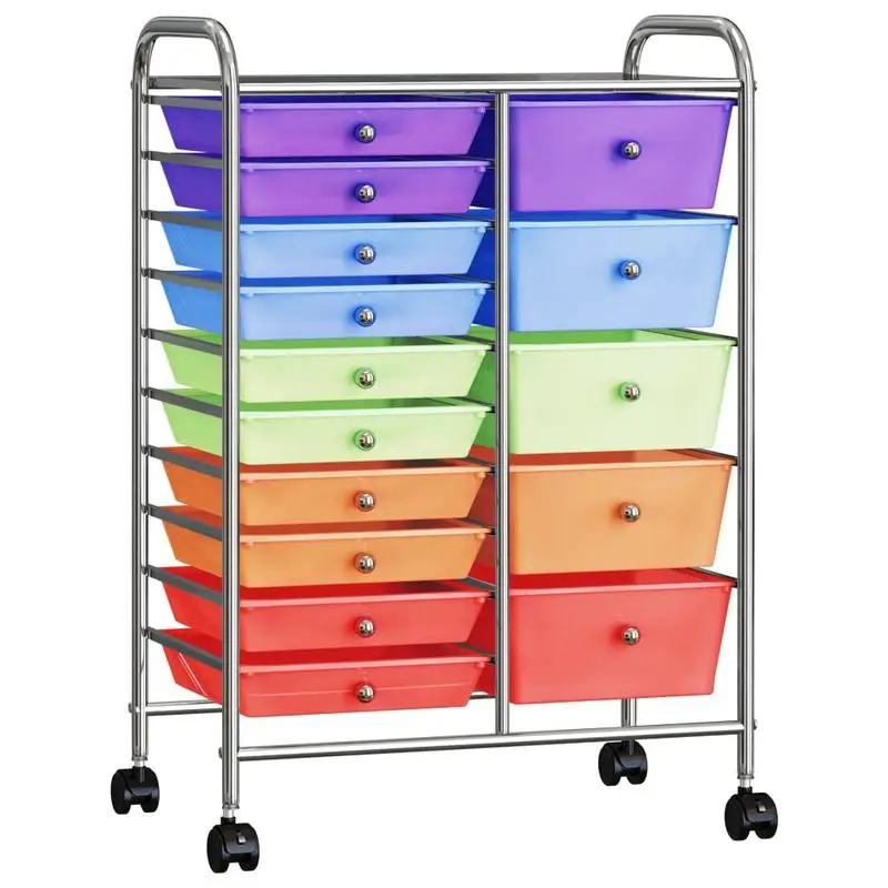 Chariot de rangement mobile à 15 tiroirs XXL multicolore en plastique, chariot de rangement roulant à 15 tiroirs en plastique pour l'artisanat et le bureau