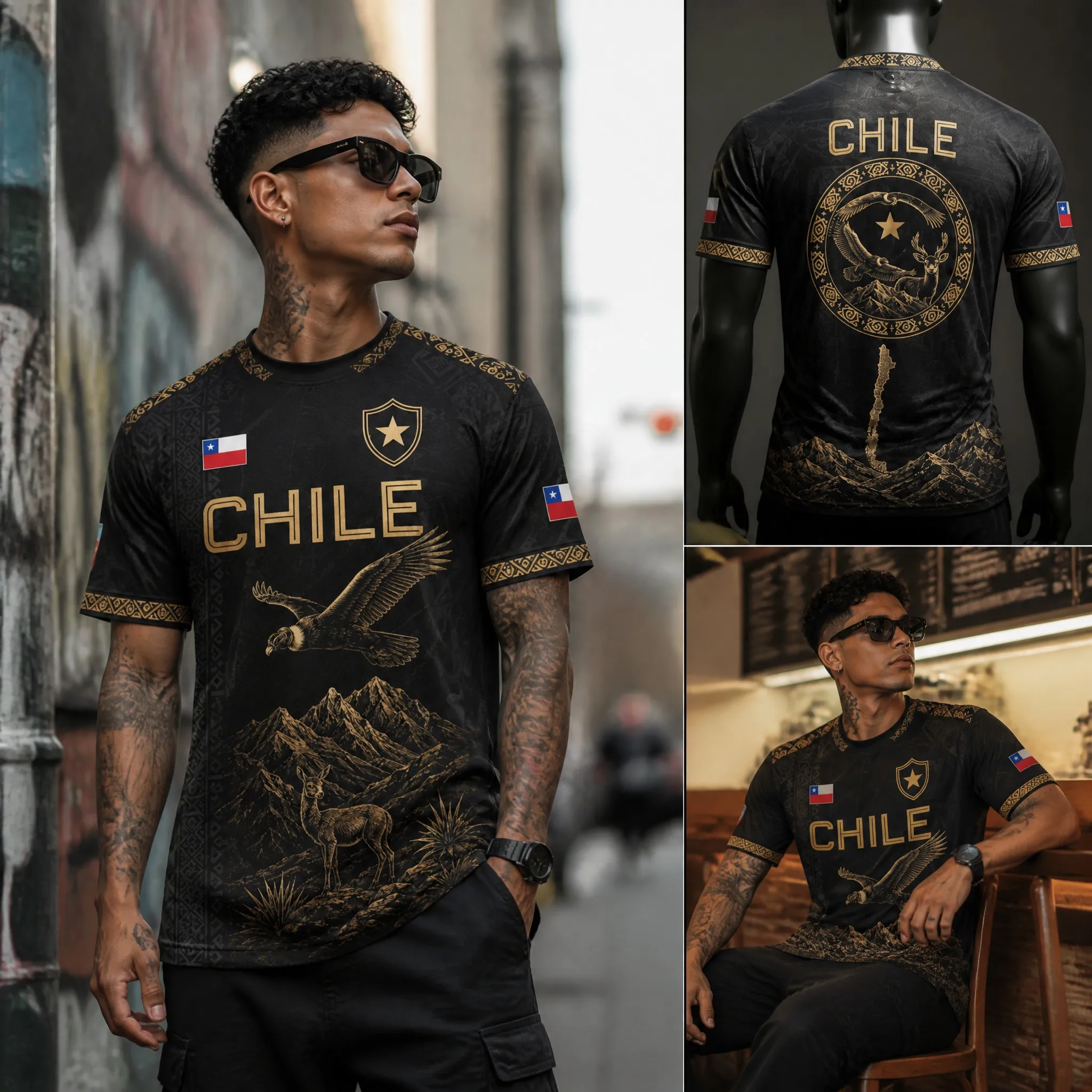 Mens Crew Neck Tee Shirt Chile Black Gold Eagle Deer Mountain Graphic Short Sleeve Casual Street Outdoor Team Style Top Wear Tee