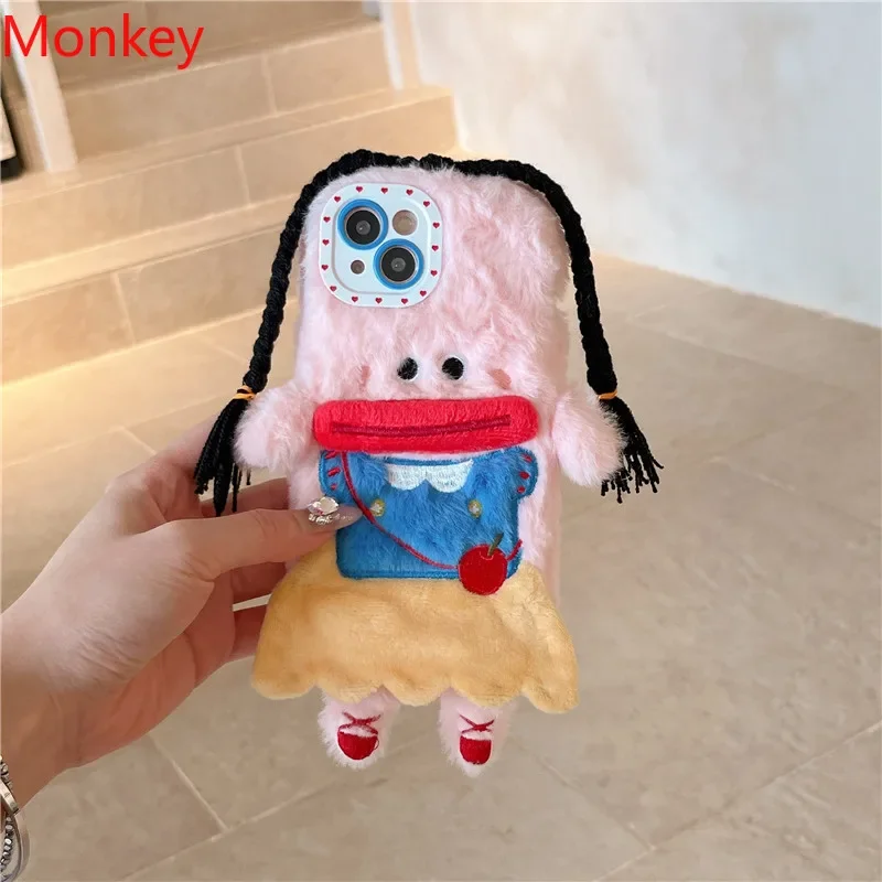 3D Cartoon Braided Girl Silicone Phone Case For iPhone 16 pro 15 Plus 14 13 12 11 Pro Max Cute Warm Fur Sausage Mouth Cover Gift