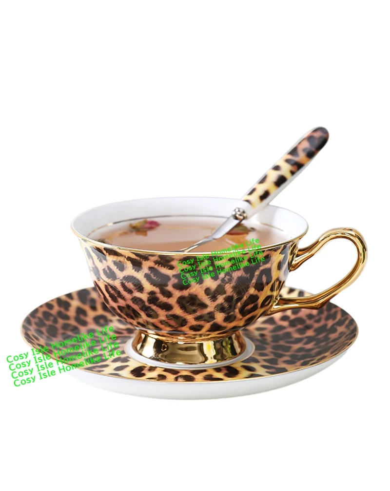 

Leopard Print Ceramic Coffee Cup Saucer Set Kit Golden Edge Bone China Milk Mug Drinkware British Retro Afternoon Teacup + Dish