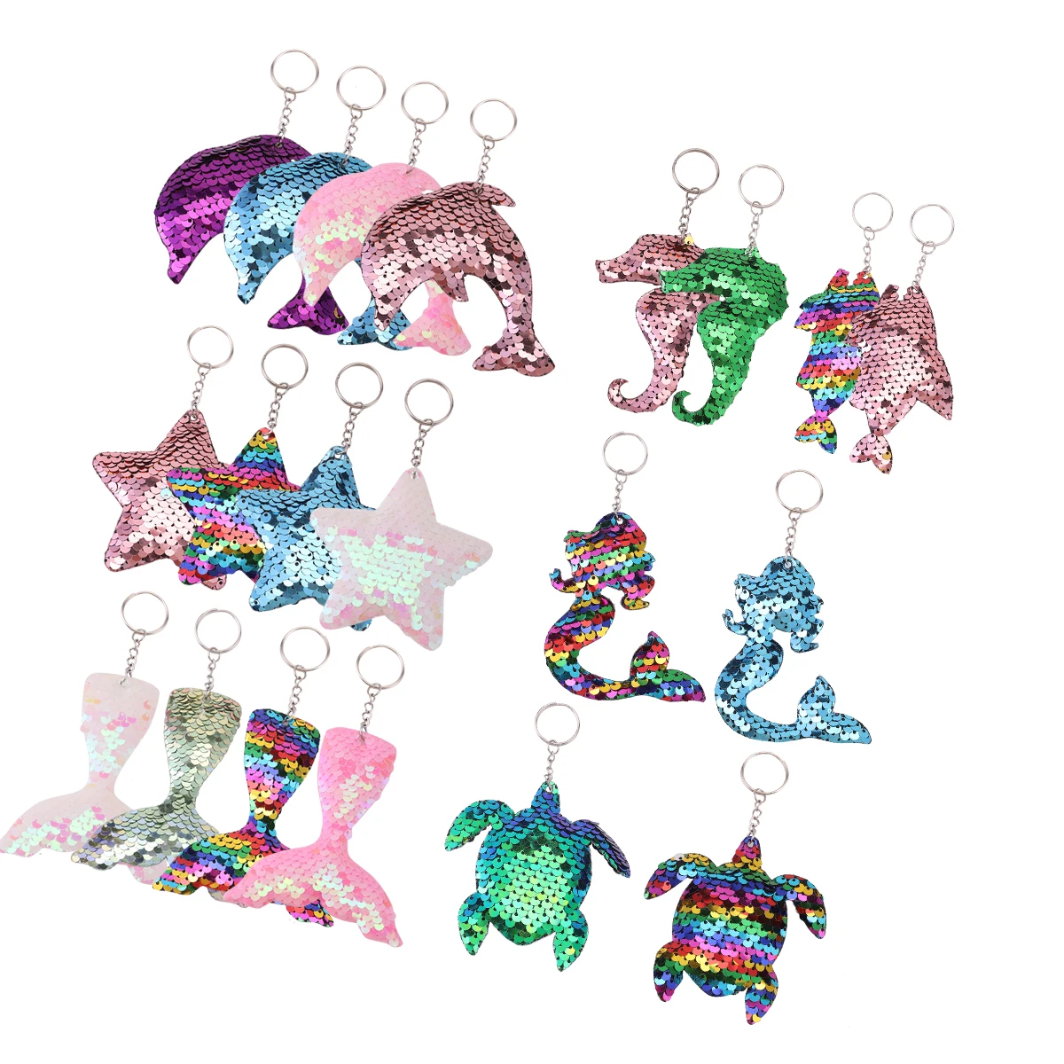 20Pcs Mermaid Sequin Keychains, Sparkling Flip Sequin Ocean-Themed Key Rings, Starfish Turtle Fish Tail Animal Shapes