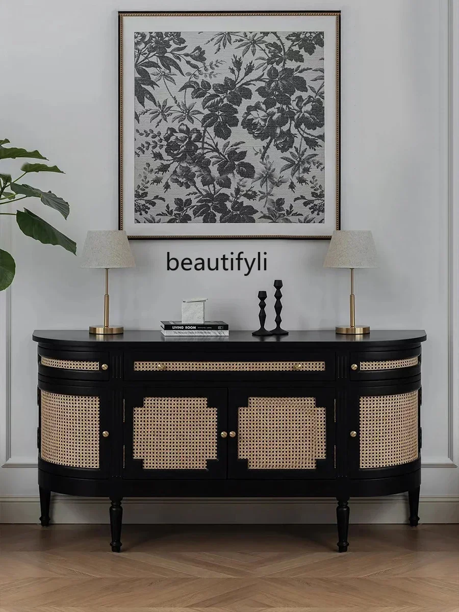 

American-Style Retro Solid Wood Entrance Cabinet French-Style Mid-Ancient Oak Chest of Drawers Black Rattan Sideboard Cabinet