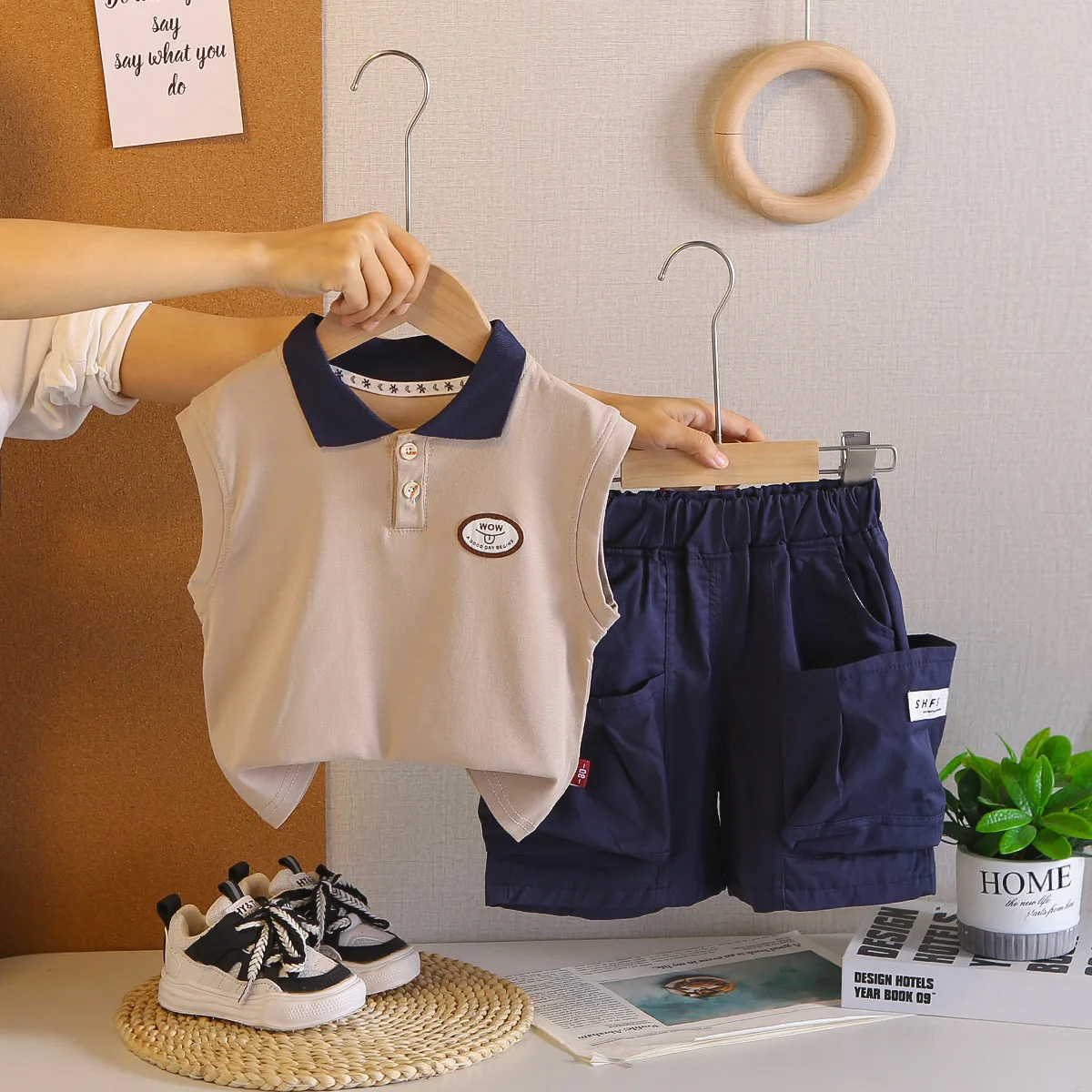 Baby Boy Summer Clothes 2026 New Fashion Turn-down Collar Letter Label Sleeveless Vest Tops and Shorts Two Piece Set Boys Suit
