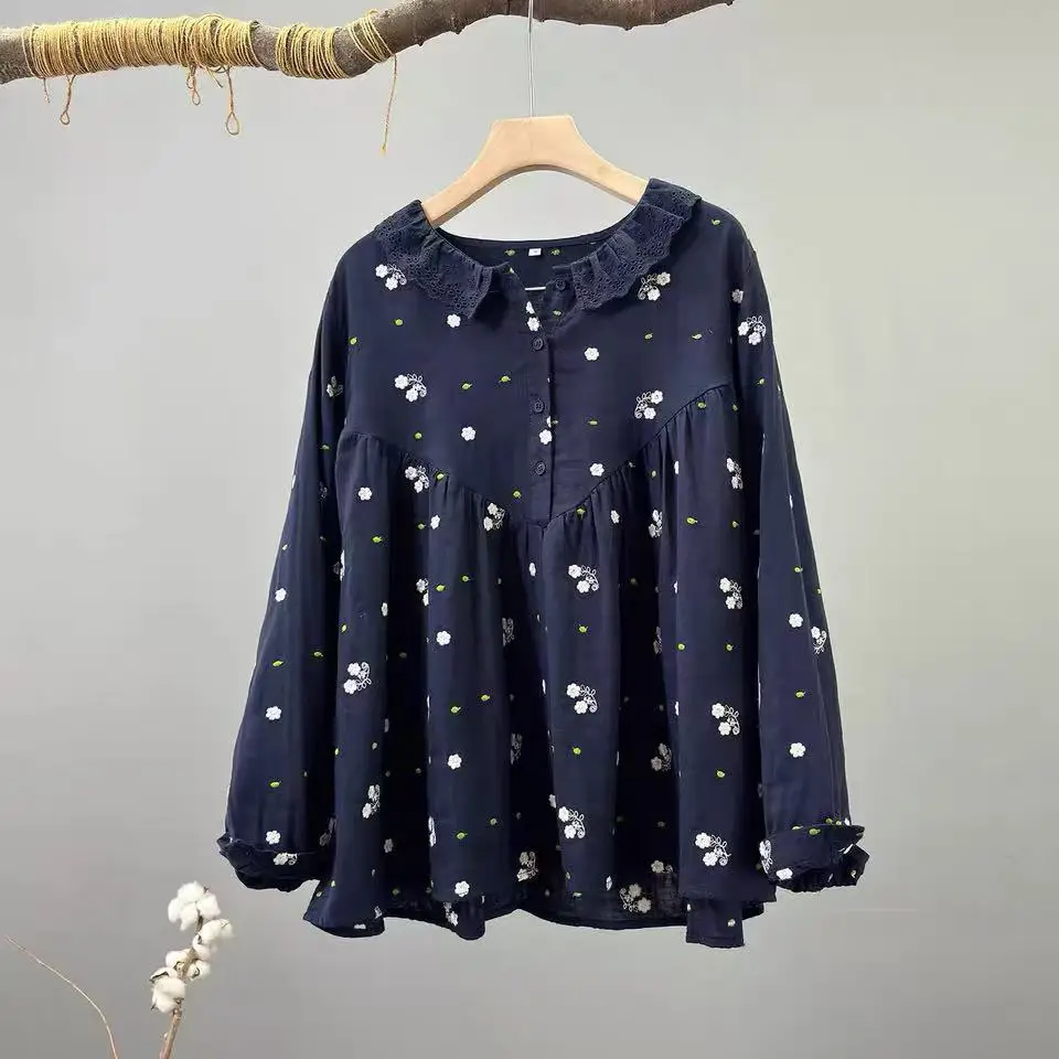 Bust 124cm Women Cotton White Floral Embroidered Blouse Mori Girl Lace Peter Pan Collar Shirts Long Sleeve Babydoll Top
