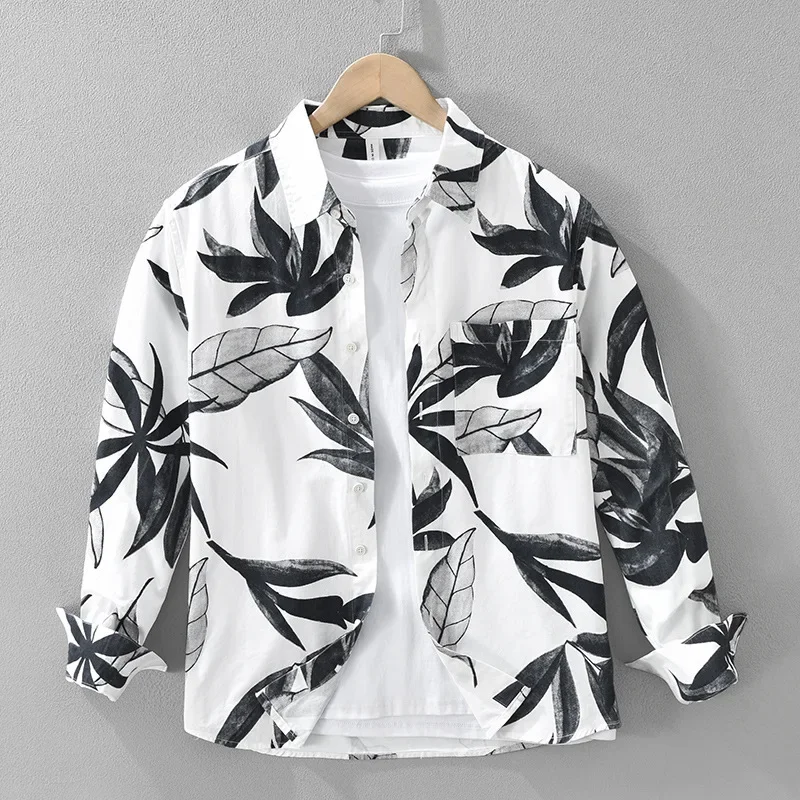 

7537 100% Cotton Men's Spring Casual Shirt China Style Good Quality Plants Printing Long Sleeve Loose Casual Lapel Blouses Tops