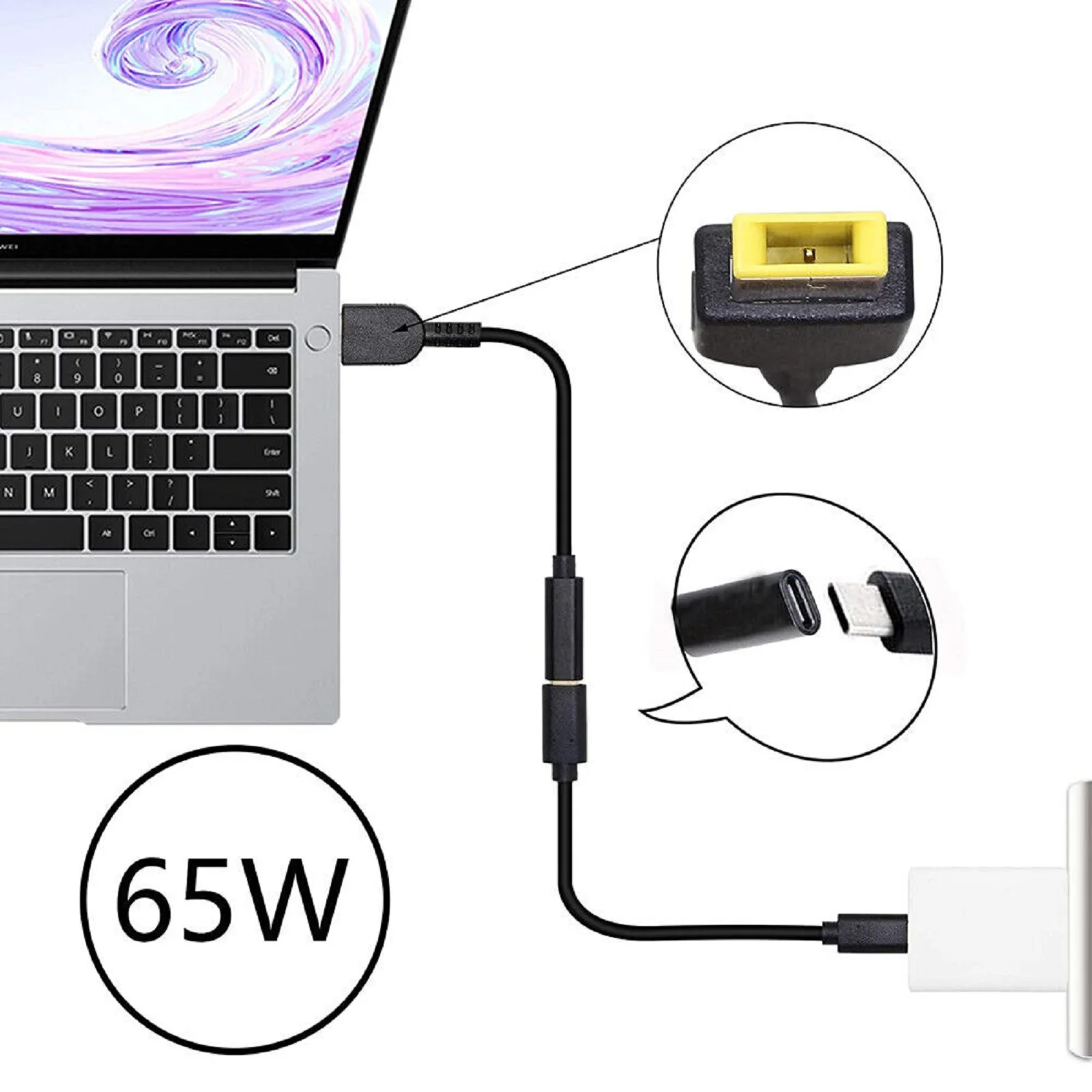 65W USB Type C Female to Square Slim Tip Charging Cable PD Charger Power Cord For Lenovo For ThinkPad Tablet Accessories