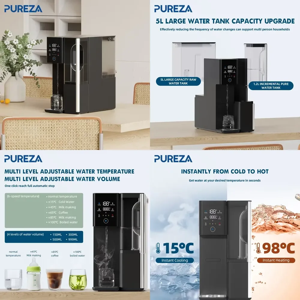 Электрический диспенсер для воды PUREZA с функцией охлаждения и нагрева, портативный, экологичный, пластиковый, умный, настольный очиститель для дома, безопасный, 0.26 л/мин