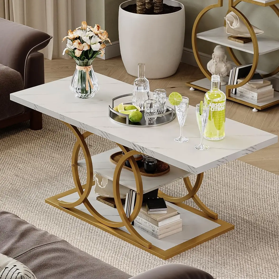 

Modern 3-Tier Coffee Table with Faux Marble Top, Storage Shelves, Gold Frame, Rectangle Cocktail Table for Living Room, 47.2"L