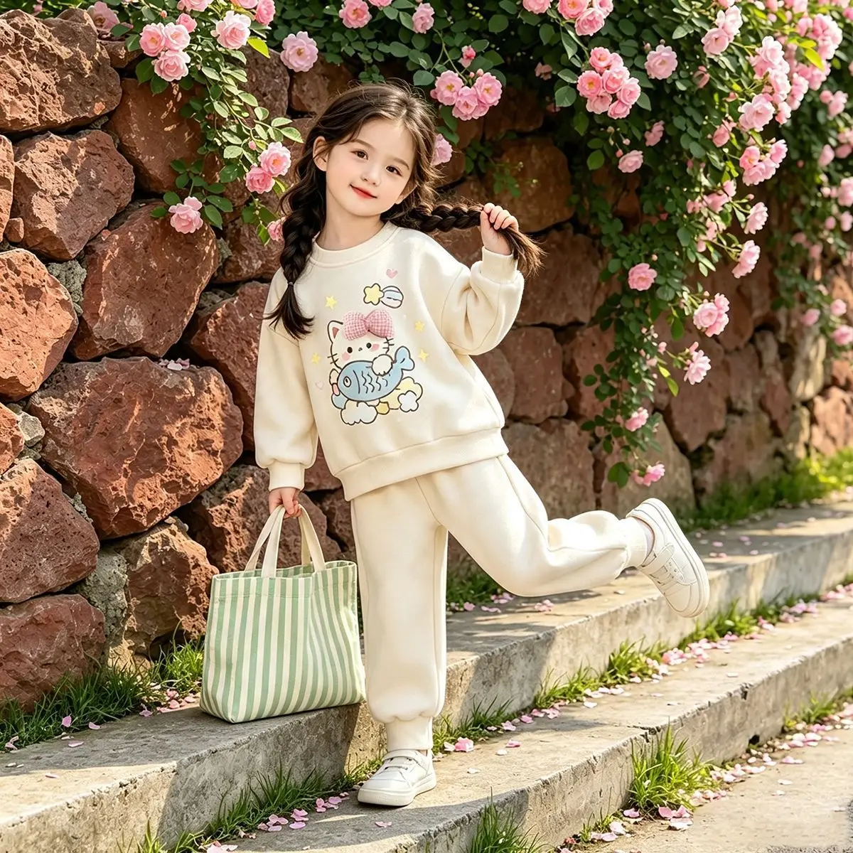 Mädchen-Cartoon-Katzen-Sweatshirt & Weitbein-Hosen-Set – Süßes koreanisches 2-teiliges Outfit für Kinder, lässige lockere Frühlings- und Herbstkleidung – Detail 8