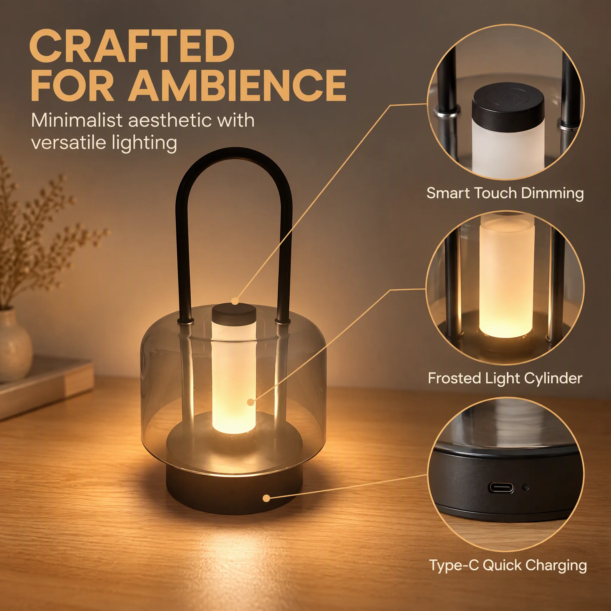 Rechargeable Portable Lantern Table Lamp, Touch Control 3 Color Modes Dimmable LED Night Light for Bedroom Patio Decor