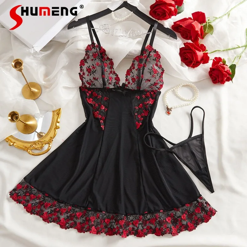 

Высококачественное сексуальное нижнее белье для сна с вышивкой для женщин, чистый стиль, прозрачная ночная рубашка-бретелька, женская одежда для сна с глубоким V-образным вырезом