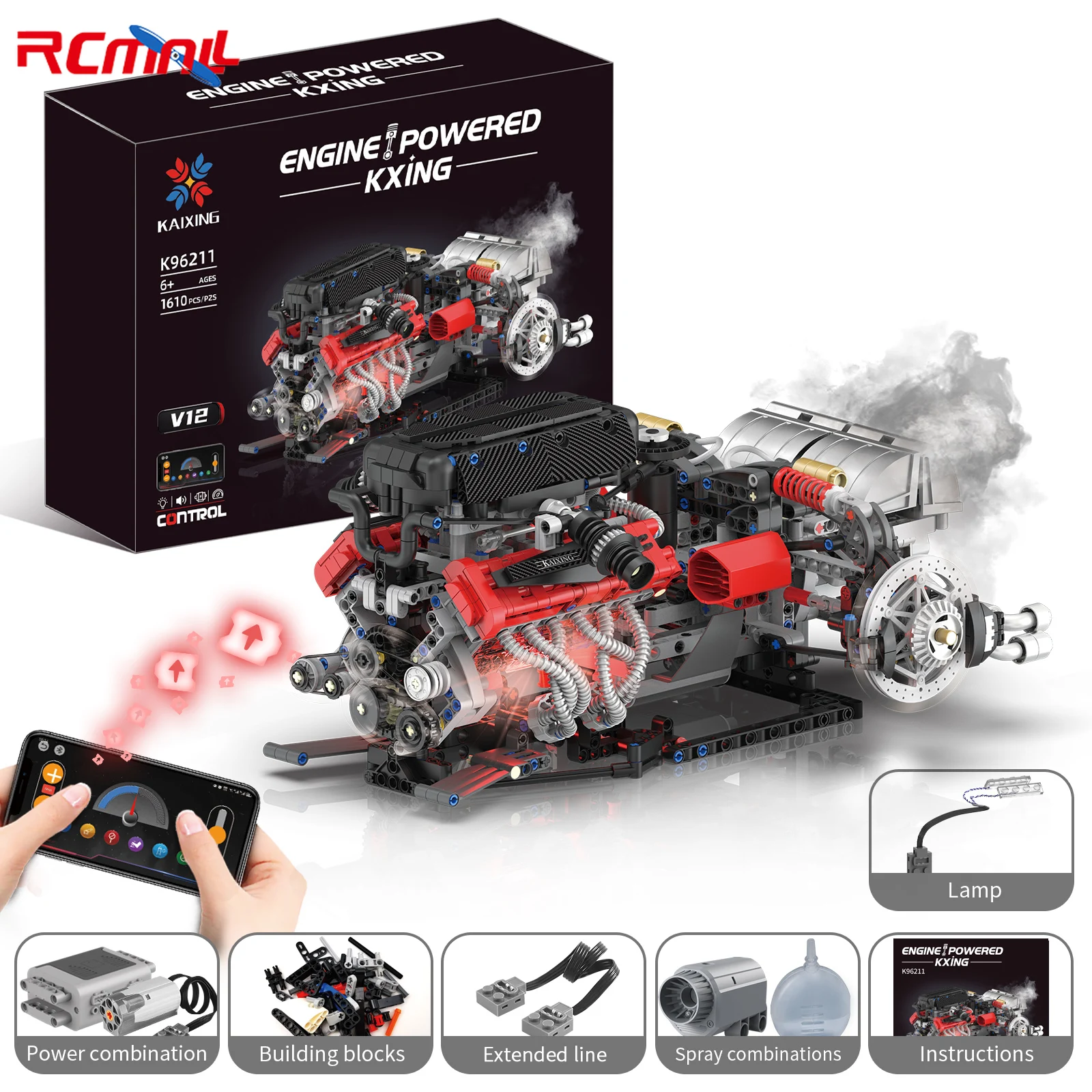 K96211 1610PCS Simulated V12 Supercar Engine Building-Block Model with Lighting App-Programmable MOC Bricks Kit