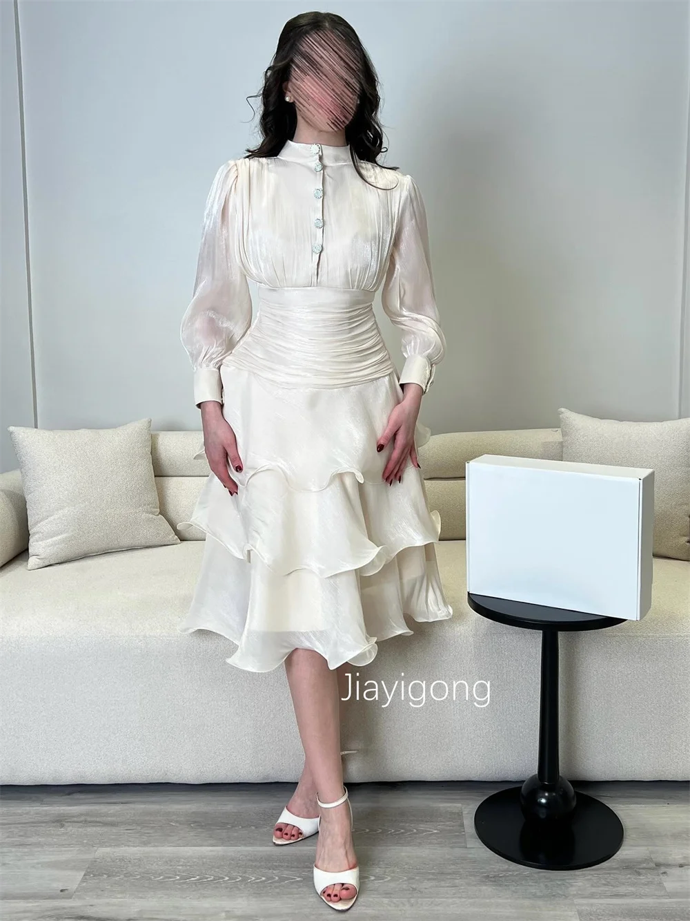 Customized Classic Pleat Sequined Button A-line High Collar Knee Length Evening Dresses Bespoke Occasion Chinese Style