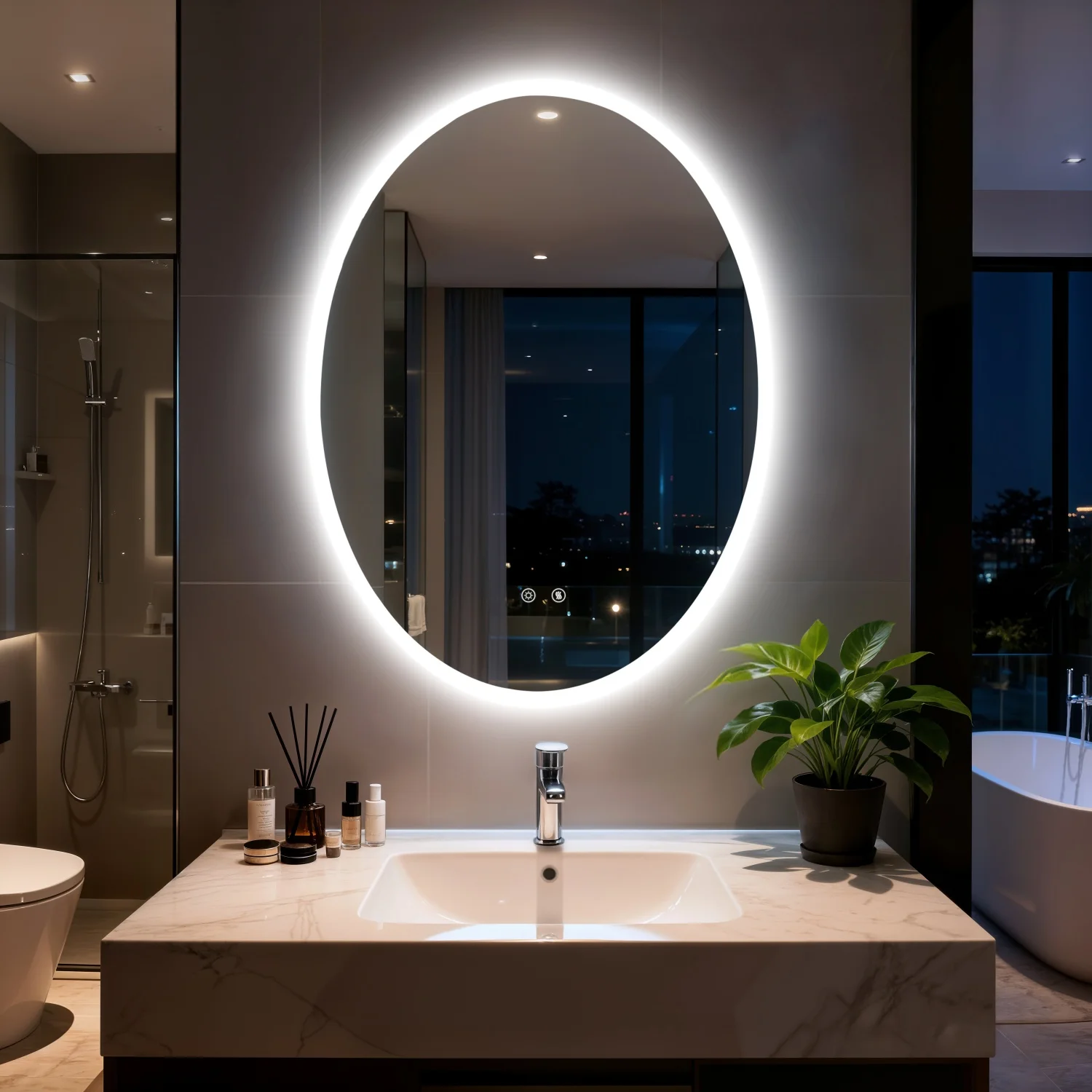 Oval LED Bathroom Mirror 70/80/90cm Tempered Glass Backlit Vanity Mirror Touch Anti-Fog Shatter-Proof Memory Dual Buttons for Shaving Making up