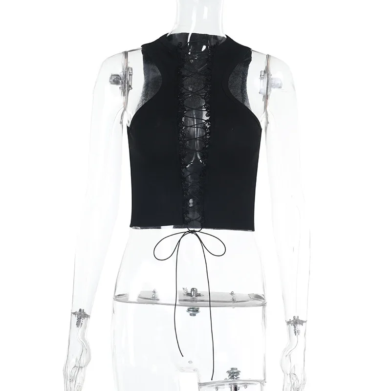 Femmes Sexy évider à lacets débardeur culture hauts 2025 été col rond sans manches champignon bord gilets maigres mode t-shirts occasionnels Clubwear