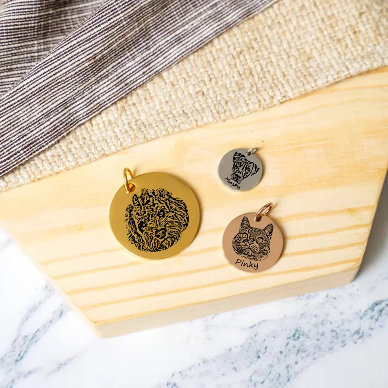 مخصص الفولاذ المقاوم للصدأ الحيوانات الأليفة صور قلادة جولة محفورة مجوهرات للكلاب مخصص الحيوانات الأليفة قلادة يمكن تعليقها على طوق أو سلسلة الكلب