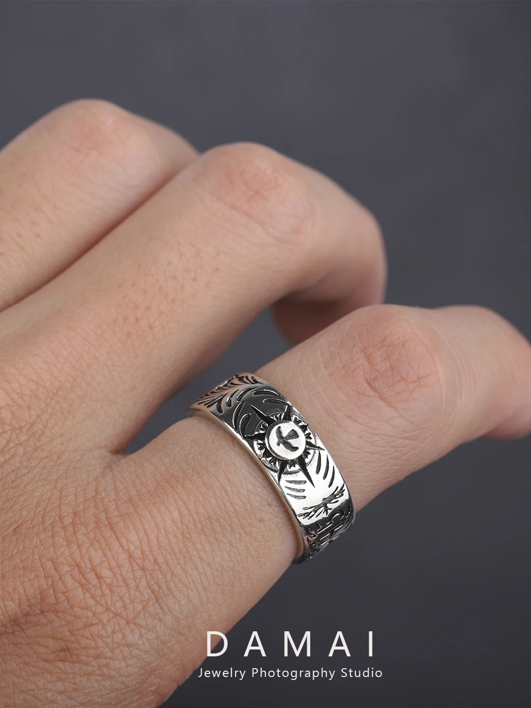 DAMAI High Bridge Wu Lang Tang Cao Wen Men Ring Men's Fashion Phoenix Tail Flying Eagle Feathers Carved Vintage Personality M...