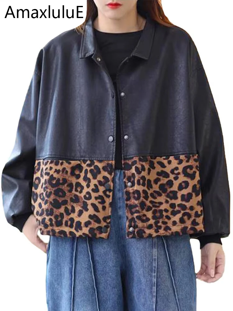 

Amax luluE 2024 Autumn Fashion Leopard Biker Clothes Womens Vintage Loose Faux Leather Jackets Ladies Casual Punk Black Pu Coats