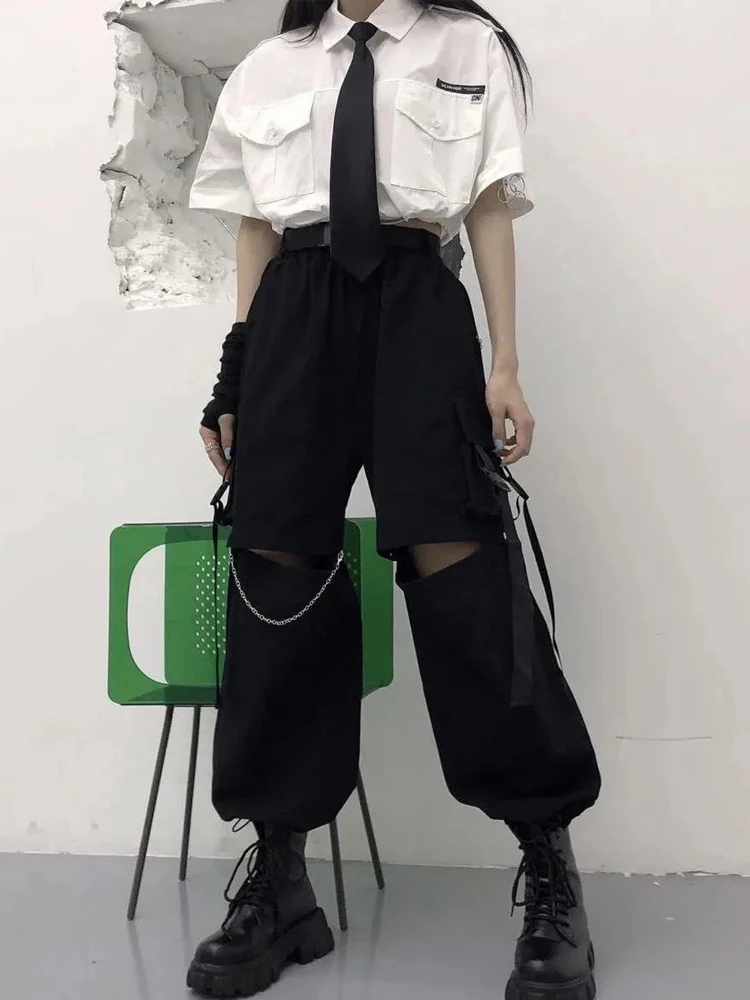 HOUZHOU Gothic Streetwear Women\'s Cargo Pants with Chain Punk Techwear Black Oversize Korean Fashion Wide Leg Trousers 2021 Alt