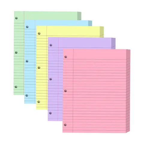 Bilashmart 3-Hole Loose-Leaf Paper, Colorful Office 3-Ring Binder Filling Paper, Horizontal Line Inner Pages Suitable for School and Office, Size 8x10.5inch, Five Colors