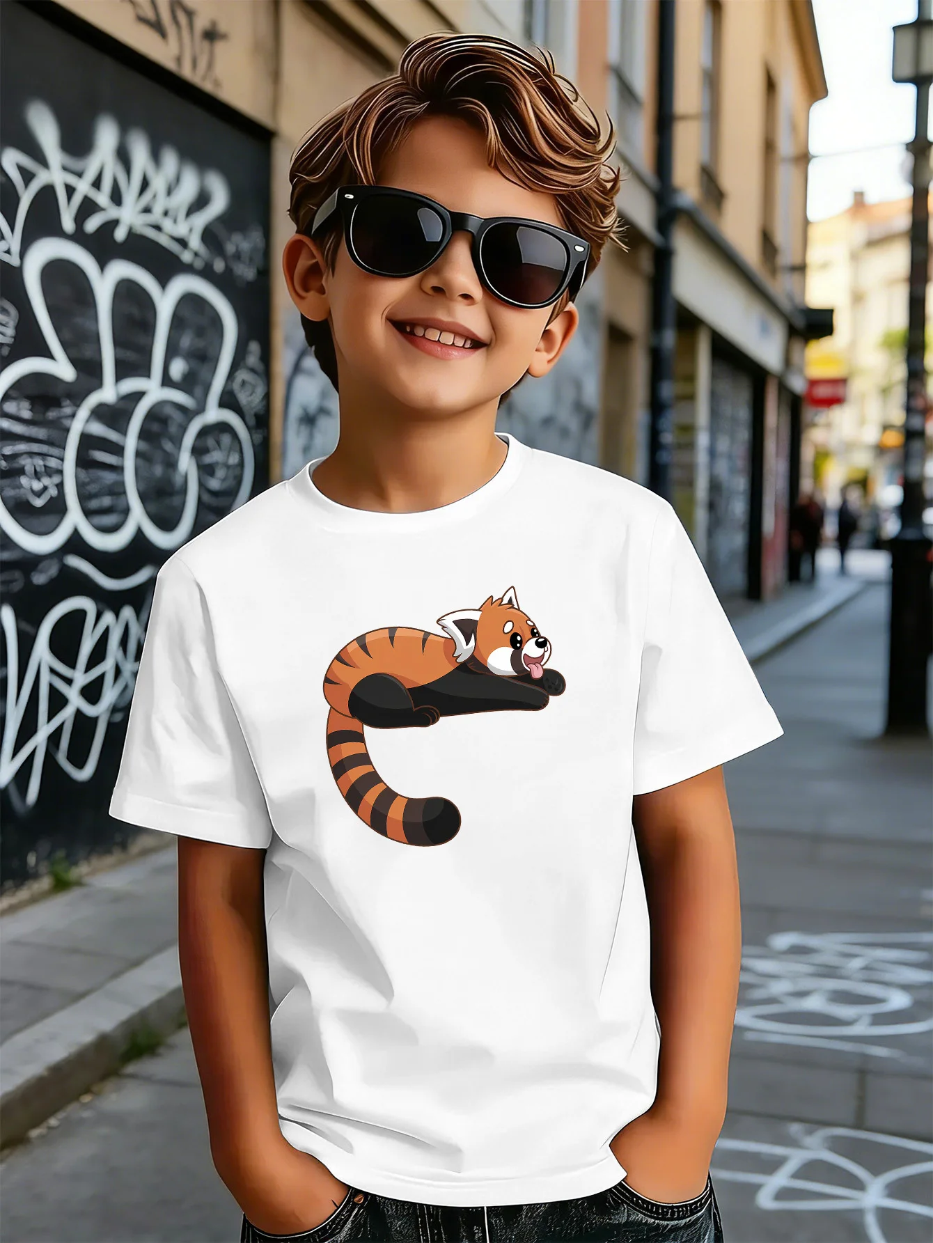 Cute Lying Cartoon Red Panda Print Kids T Shirt Boys Girls Short Sleeve Crew Neck Cotton Animal Parent Child Matching Tees
