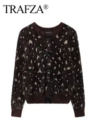 TRAFZA 2024 Jesienny kardigan z efektem sztucznego futra dla kobiet Leopard Print Slim Sweater Tops Woman Vintage Wszechstronny płaszcz damski Top