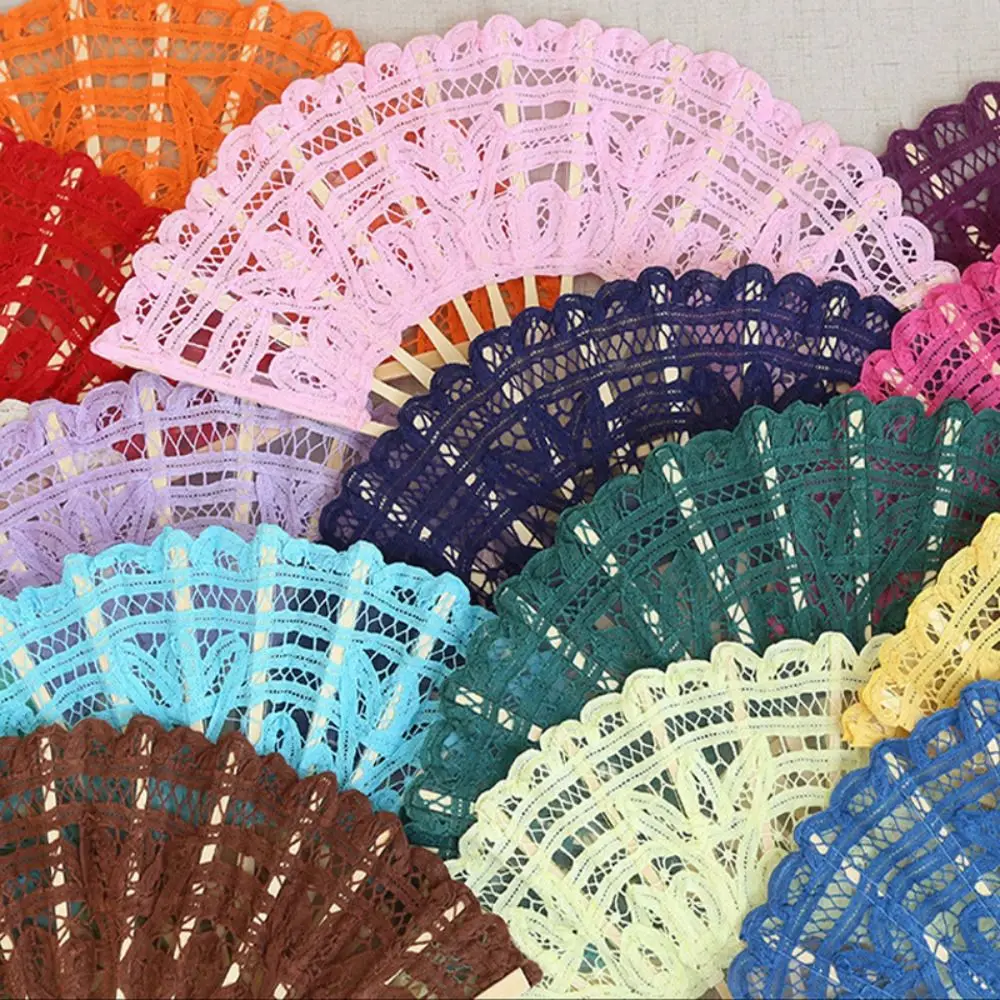 Bamboo Handle Vintage Lace Hand Fan Hand Held European Style Embroidered Folding Fan with Tassel Dance Fan Summer Gift