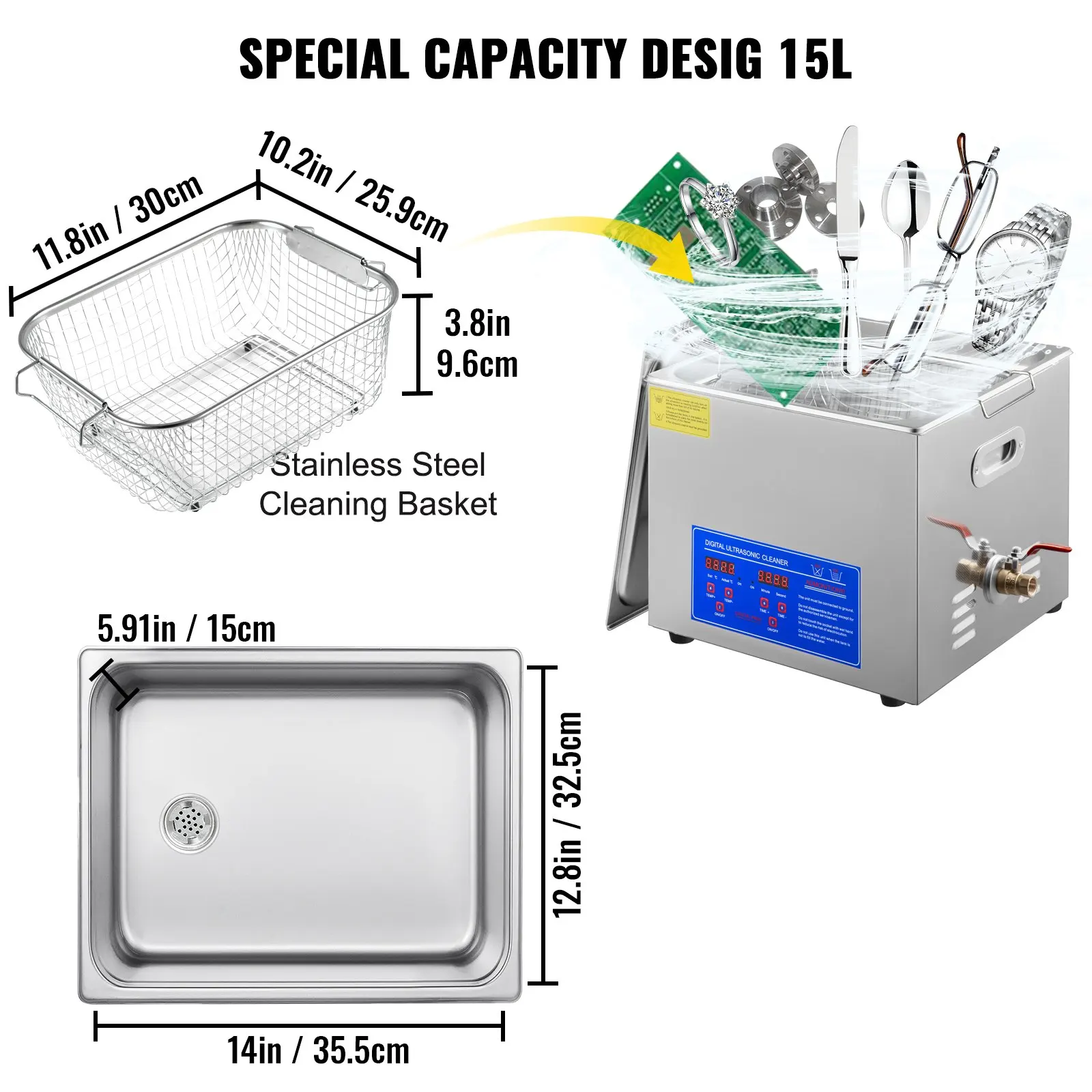 15L Ultrasonic Cleaner with Digital Timer&Heater Professional Ultrasonic Cleaning Machine For Industrial Parts Metal Cleaning