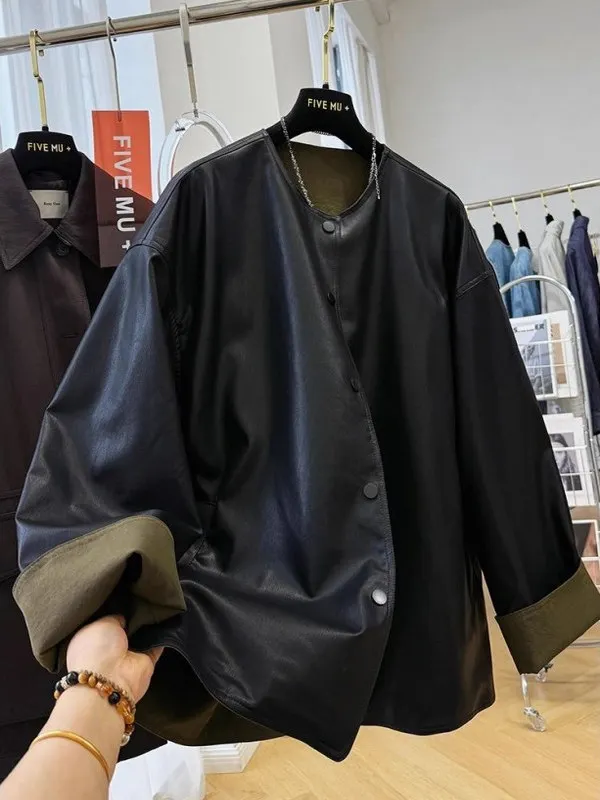 

Large Size 300 Pou American Sle PU Leather round Ne Jaet Men's Casual Wear Spring Autumn Two-Sided Wear Coat