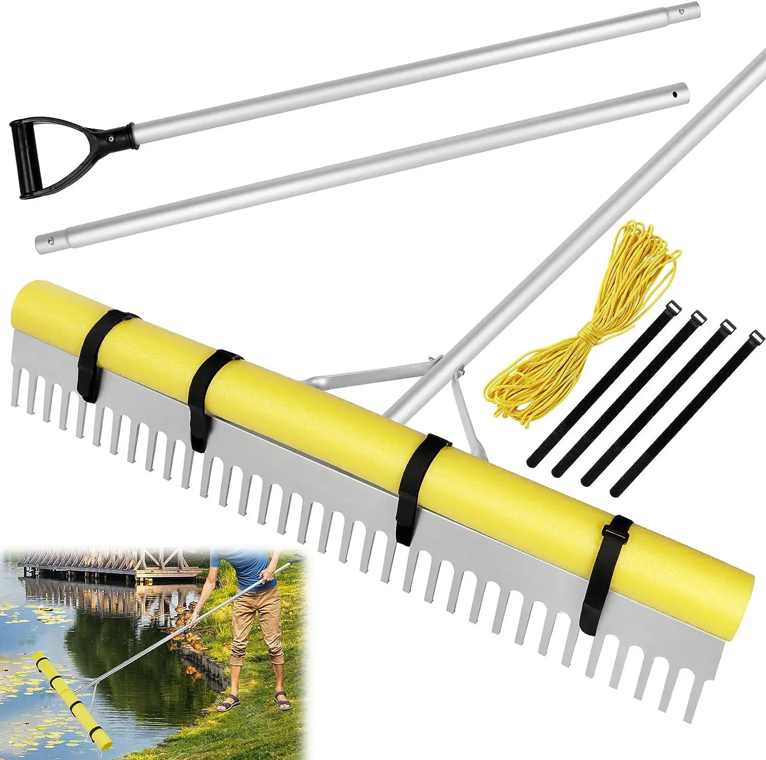 37 Teeth 36 Inch Premium Aluminum  Lawn  Leaf  Lake Rake with Foam Rope