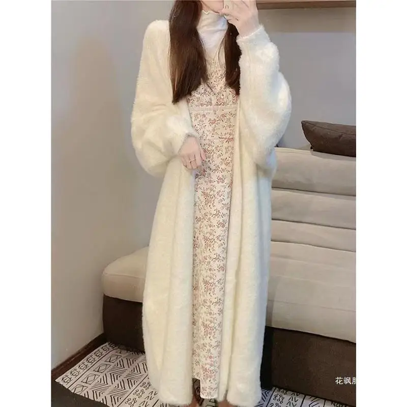 

Imitation Mink Overknee Long Cardigan Coat Overcoat Women's Gentle Loose and Idle Thickened Knitting Large Sweater