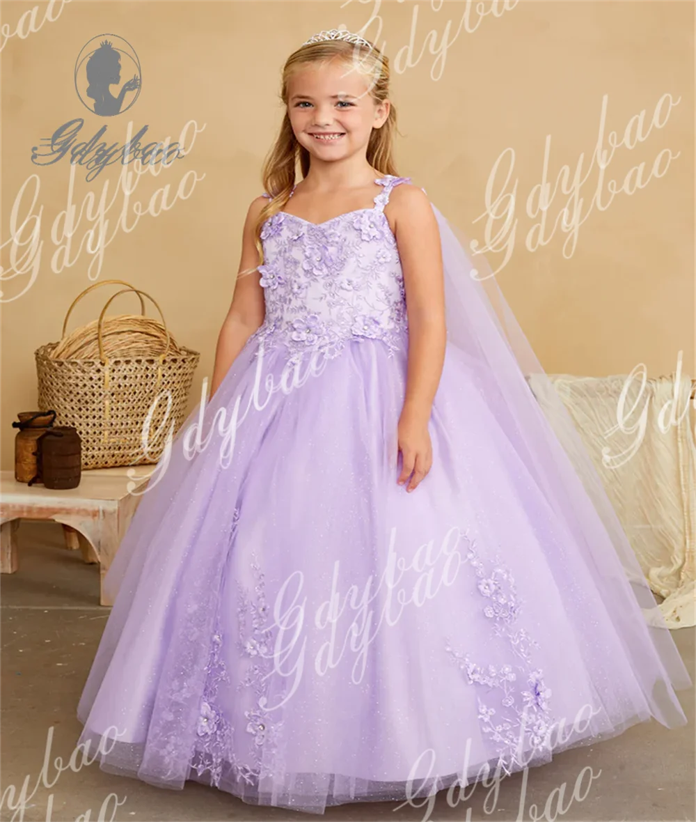 Light Champagne Tulle Prom Flower Girl Dress For Wedding  Applique Elegant Baby Kids Birthday Party Ball First Baptism Gowns