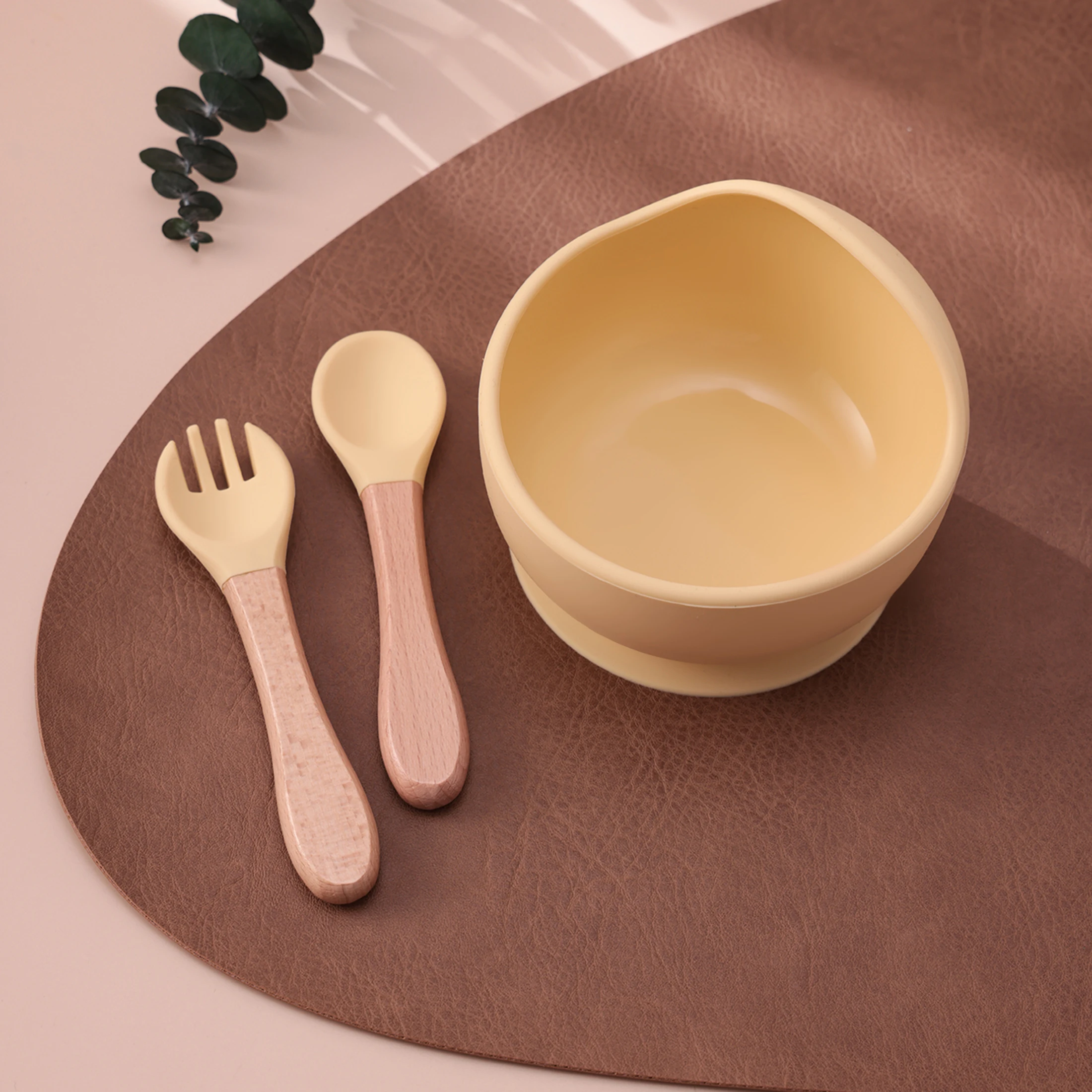 Color Kids 3PCS Silicone Baby Feeding Set Suction Bowl Wooden Spoon Fork BPA Free Training Tableware Toddler Utensils Baby Gifts