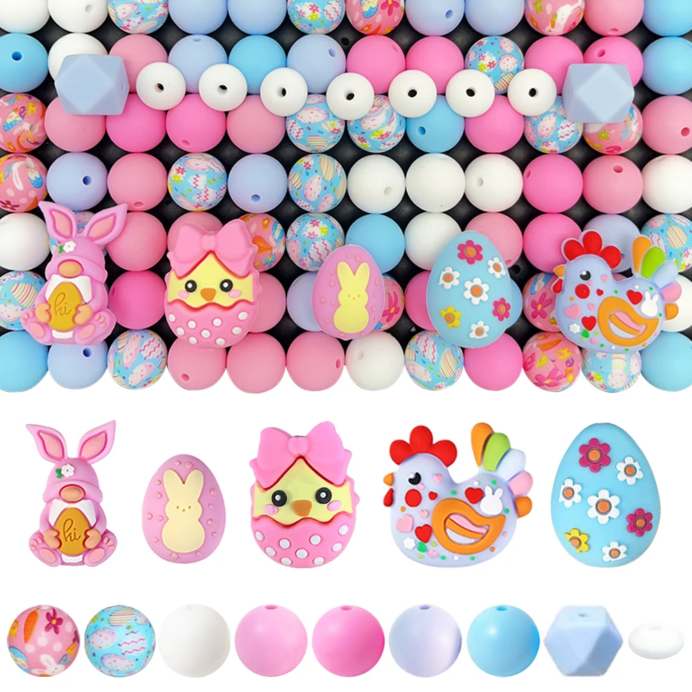 25/32/68PCS Easter Animal Series Silicone Bead Set, perfect for DIY handmade crafts such as keychains, necklaces, bracelets, etc