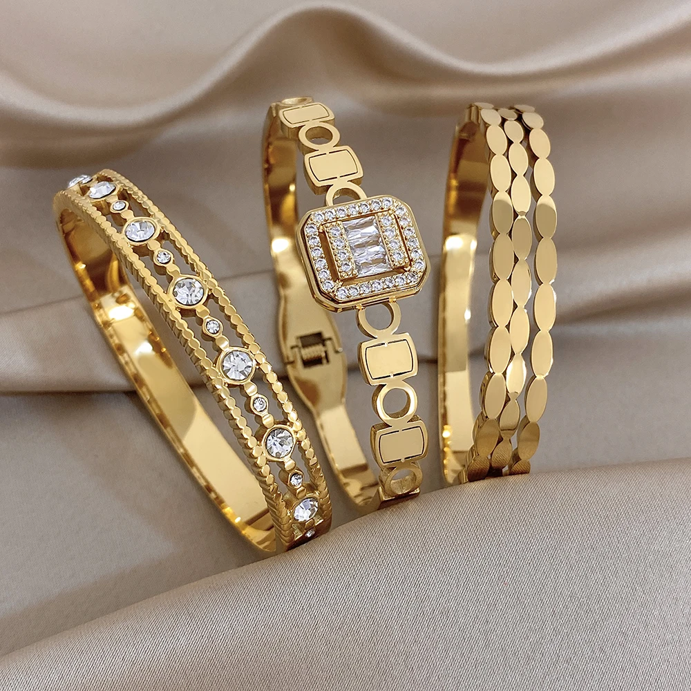 Greatera Dreischichtiges Wellenmuster-Armband aus Edelstahl mit Kreis-Quadrat-Verbindung, Retro-Hohldesign und Weißen Strass-Steinen