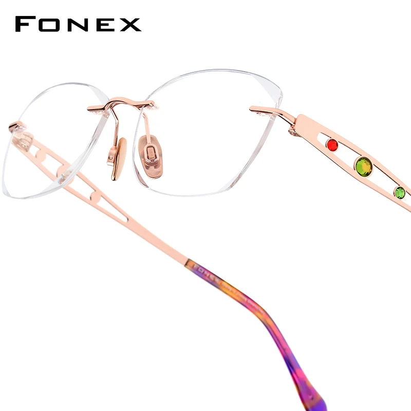 FONEX Pure Titanium Rimless Eyeglasses Women Luxury Brands Designer Elegant Diamond Ultralight Frameless Glasses Eyewear 6119