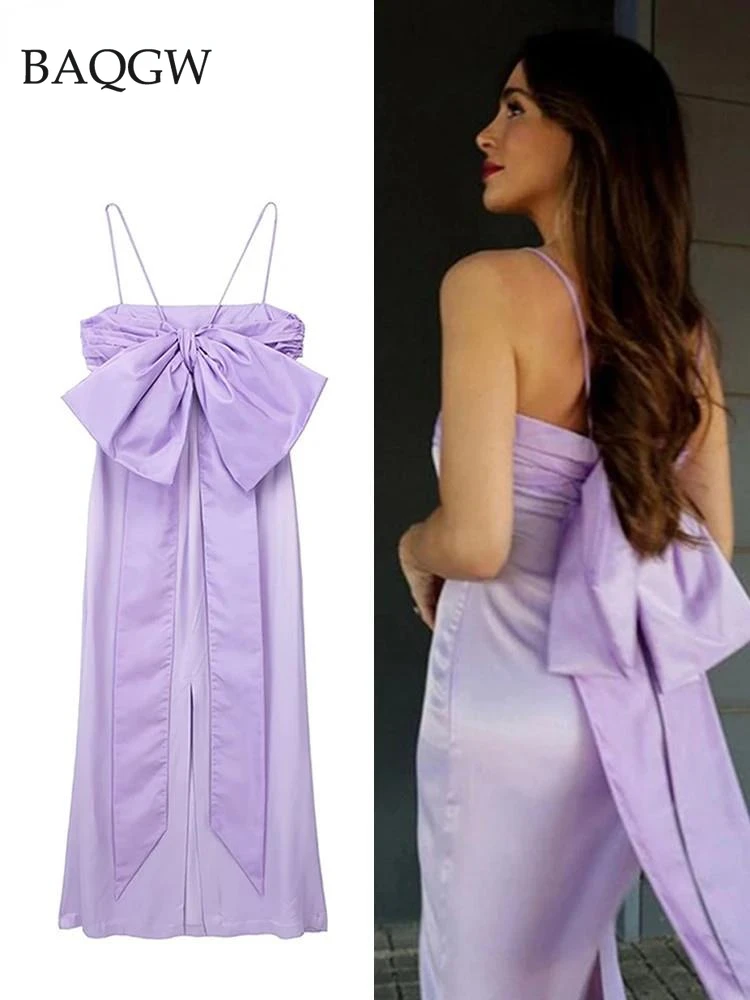 Robe mi-longue élégante à nœud papillon violet pour femmes, robe à bretelles mince, robe de soirée c