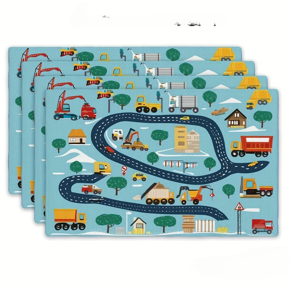 Cartoon Construction Truck Road Track Print Light Blue Background Rectangular Placemats  Set Kids Boys Dining Table Decor Mats